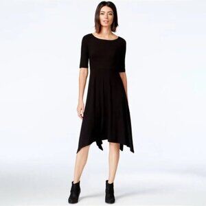 Eileen Fisher wool midi dress XS elbow sleeves handkerchief hem black boatneck